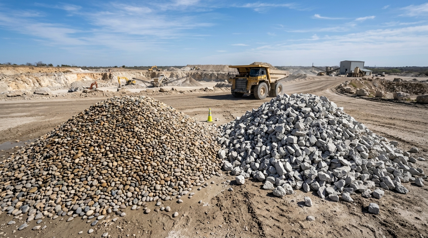 Side by side piles of rounded river pit gravel and sharp angular crushed stone on a Texas quarry site.