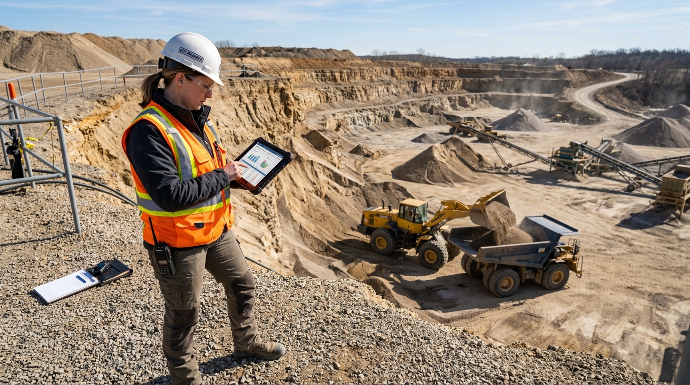 Borrow pit operator reviewing online material sales dashboard to sell more material by listing online.