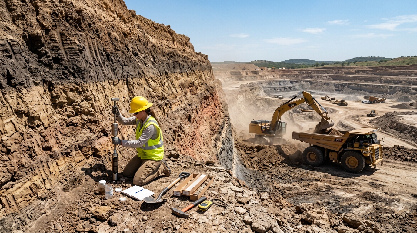 Geotechnical engineer inspecting pit soil to qualify a fill dirt supplier on a Texas borrow pit quarry site