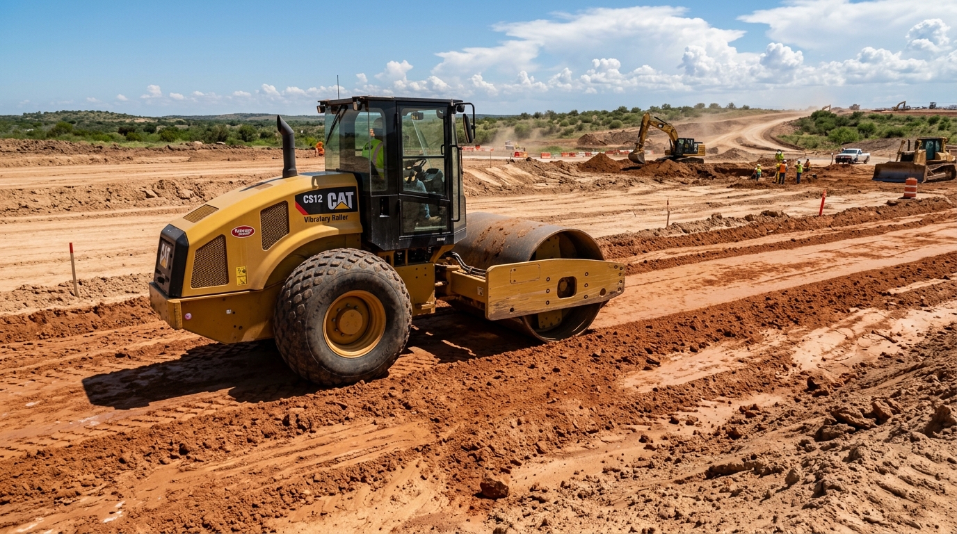 Vibratory roller compacting sandy clay fill in construction subgrade across a Texas job site.