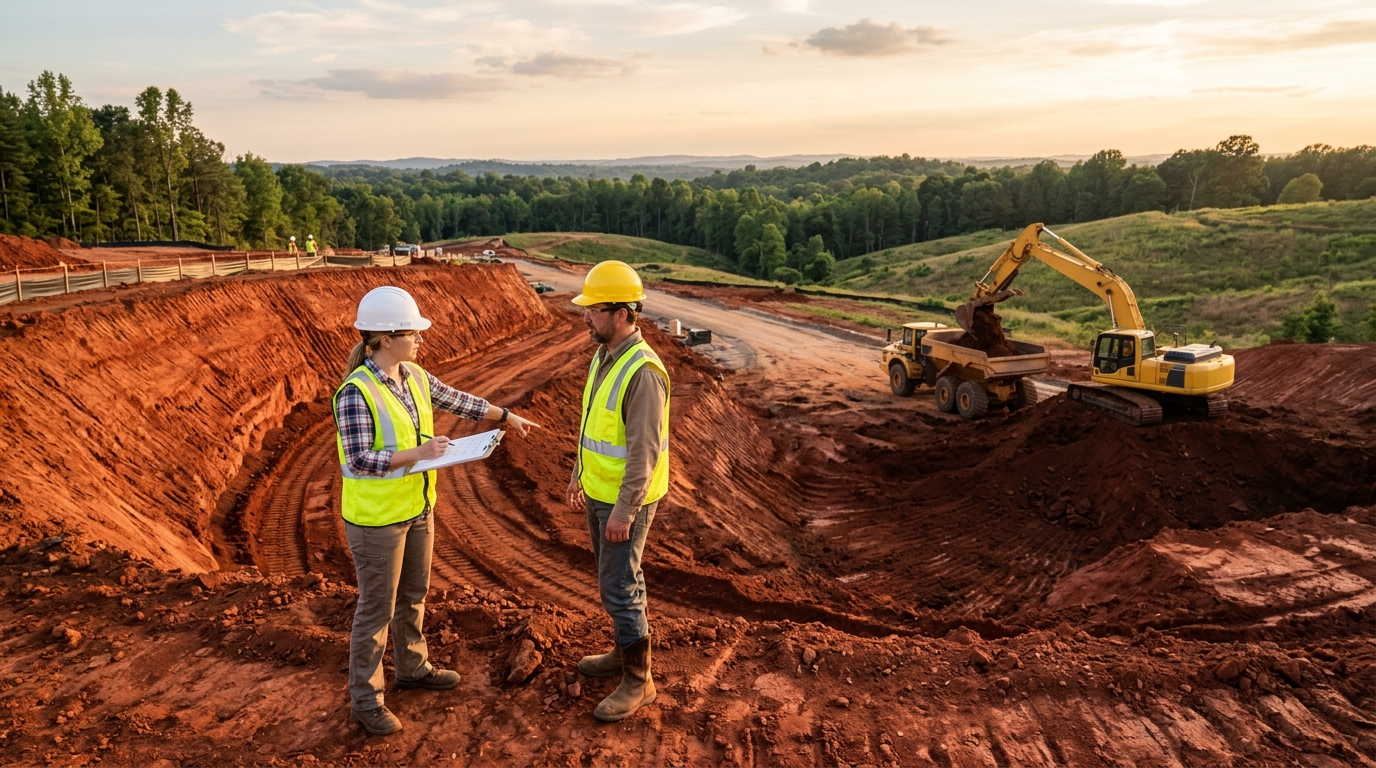 Civil project manager inspecting high-quality South Carolina fill dirt on an Upstate commercial development site.