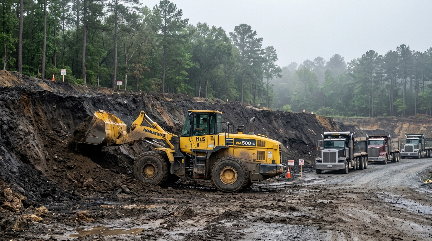 Heavy industrial front wheel loader stripping dark scrapings material in construction overburden at a Texas borrow pit quarry in early morning mist.