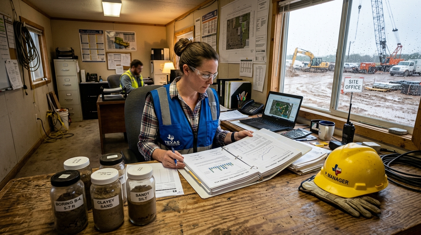 Civil project manager reviewing a material submittal in construction report on a Texas job site trailer desk.