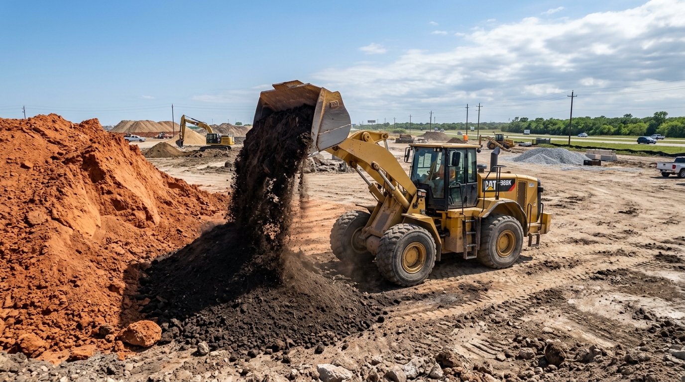 Heavy wheel loader dumping rich dark organic topsoil next to a stockpile of reddish clay fill dirt on a Texas construction site.