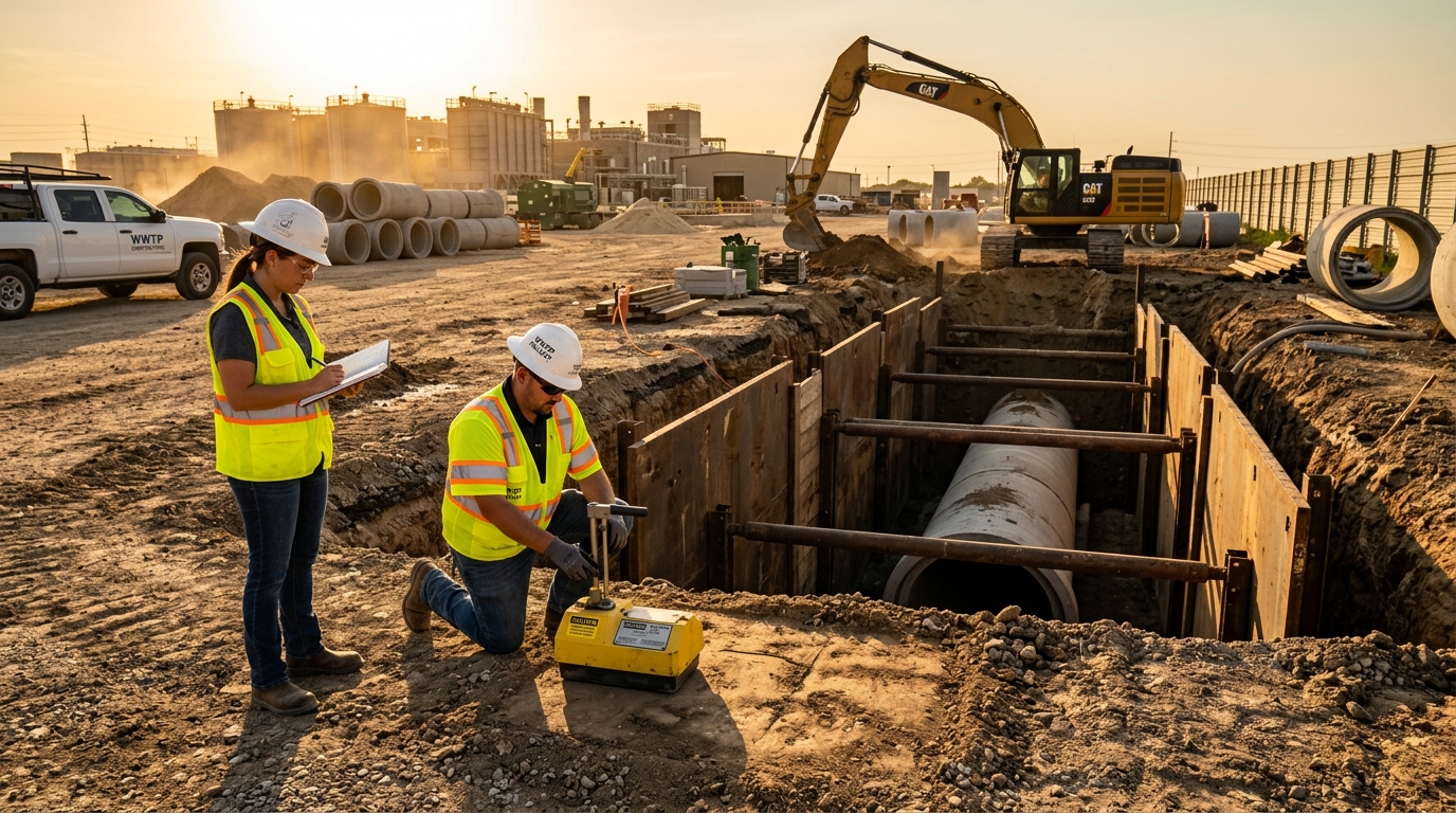 Civil engineering inspectors verifying fill dirt specs for wastewater projects on a Texas municipal job site.